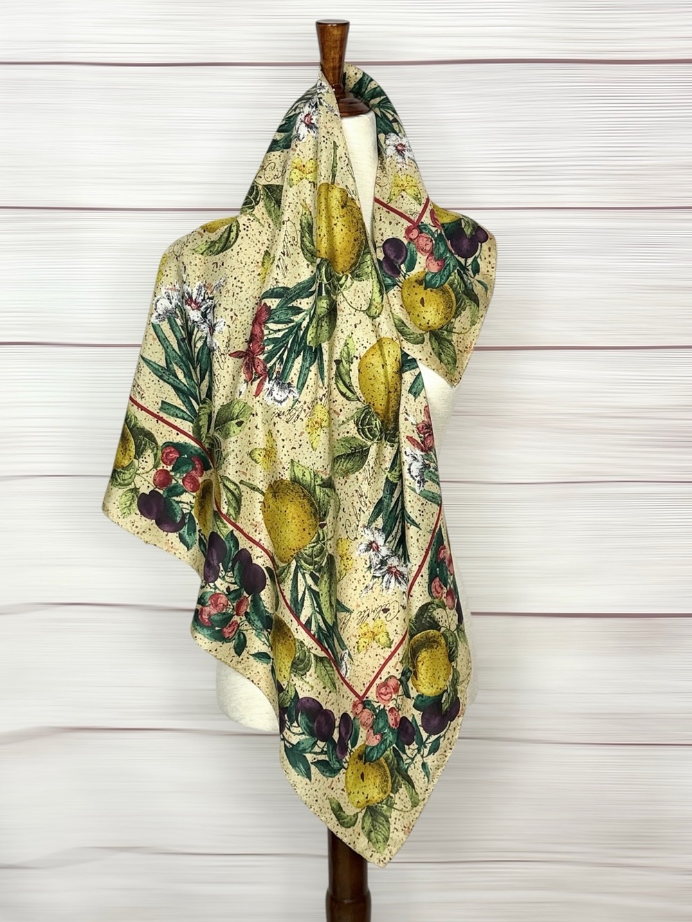 Silk Square Scarf Multicolor Fruits Print Hand Rolled 34x34"